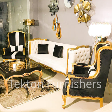 Hand carved sofa with Chairs finished in gold polish