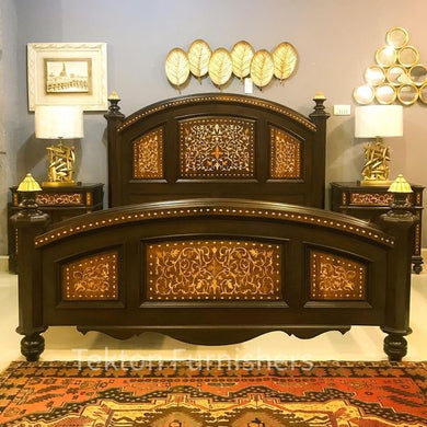 Traditional Solid Wood Bed Set with Inlay work.